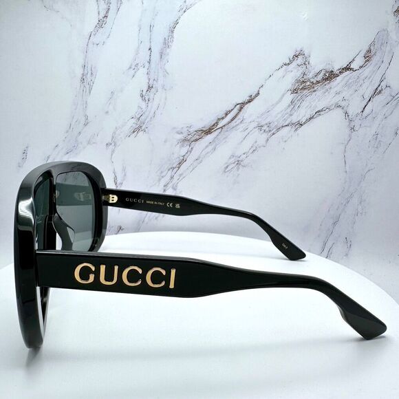 Gucci Black Sunglasses Oversized Aviator Mask Shield Gold Metal Logo Authentic - Picture 5 of 16